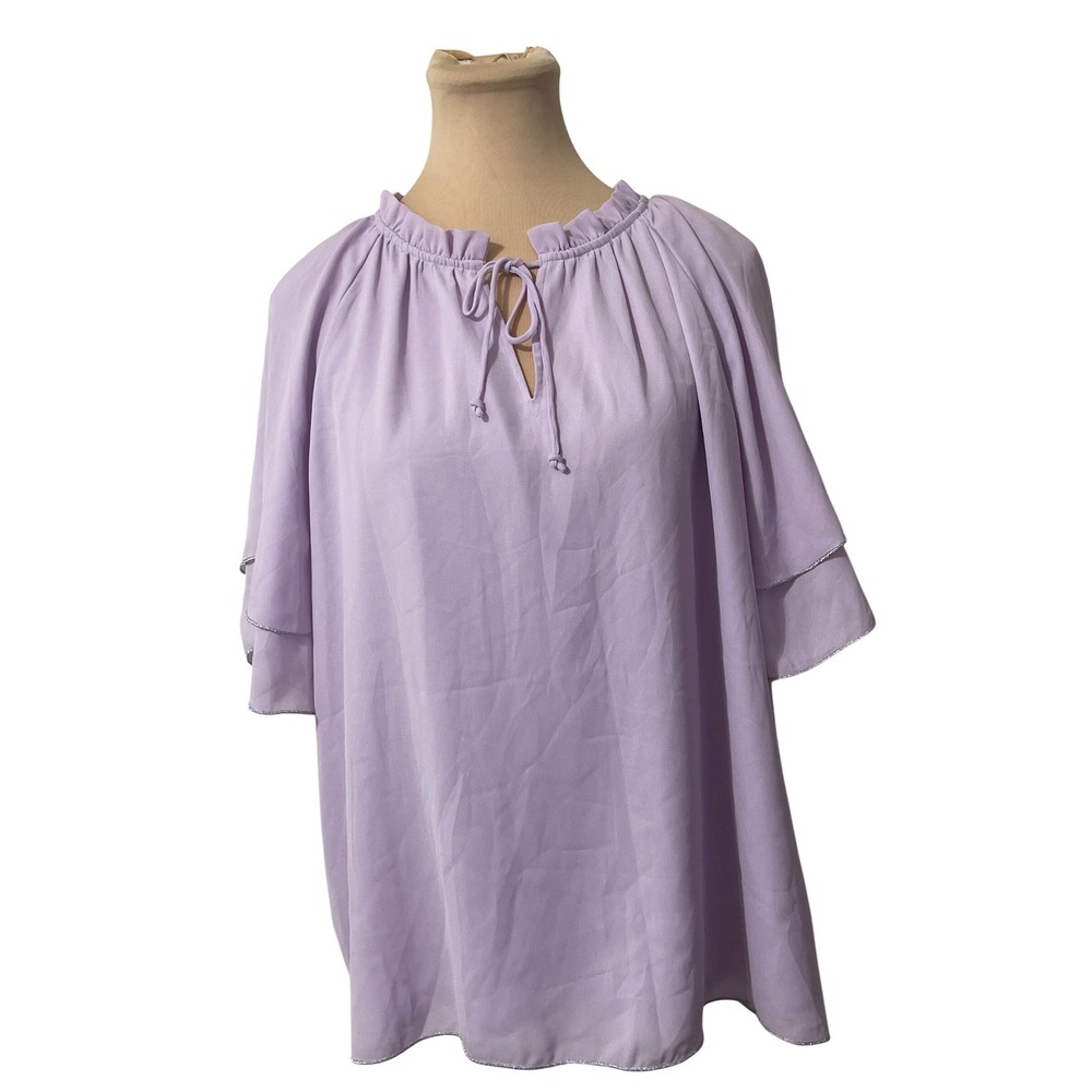 Kaari Blue Blouse XL Purple Ruffle Neck Flutter Sleeve Pastel Romantic Flowy